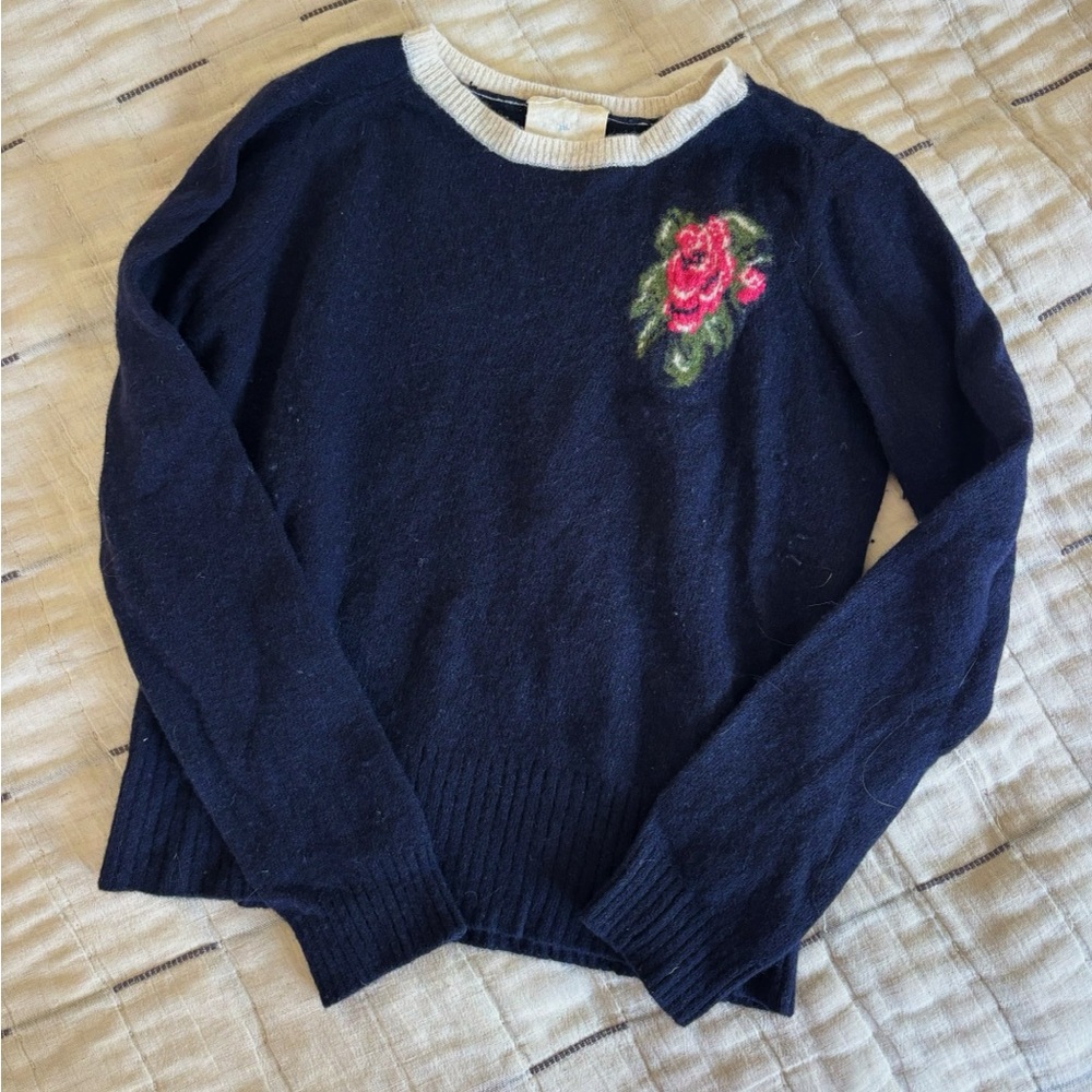 Navy Blue Sweater with Floral Embroidery